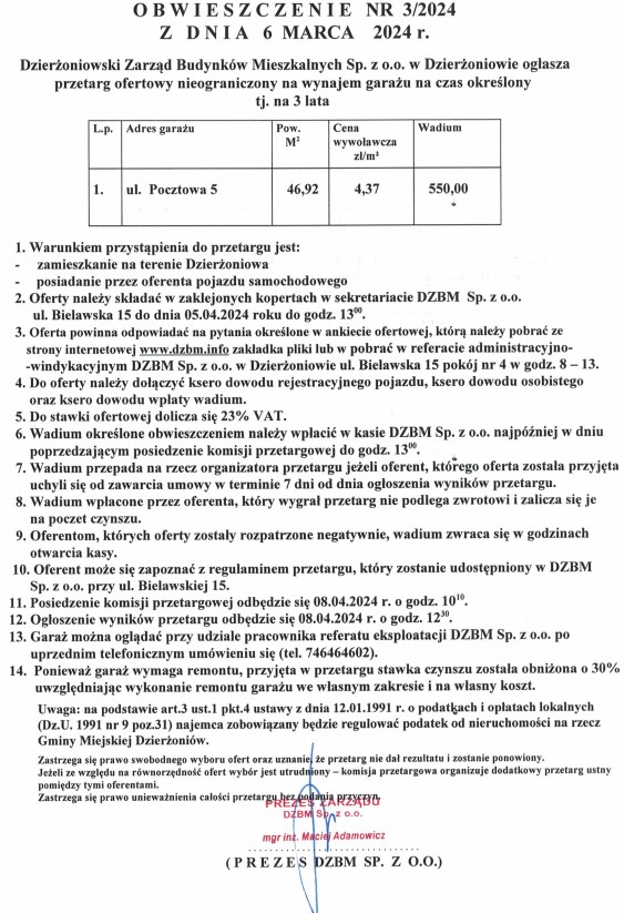 Przetarg - Pocztowa 5