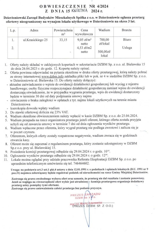 Obwieszczenie nr 4-2024 lokal użytkowy Krasickiego 25