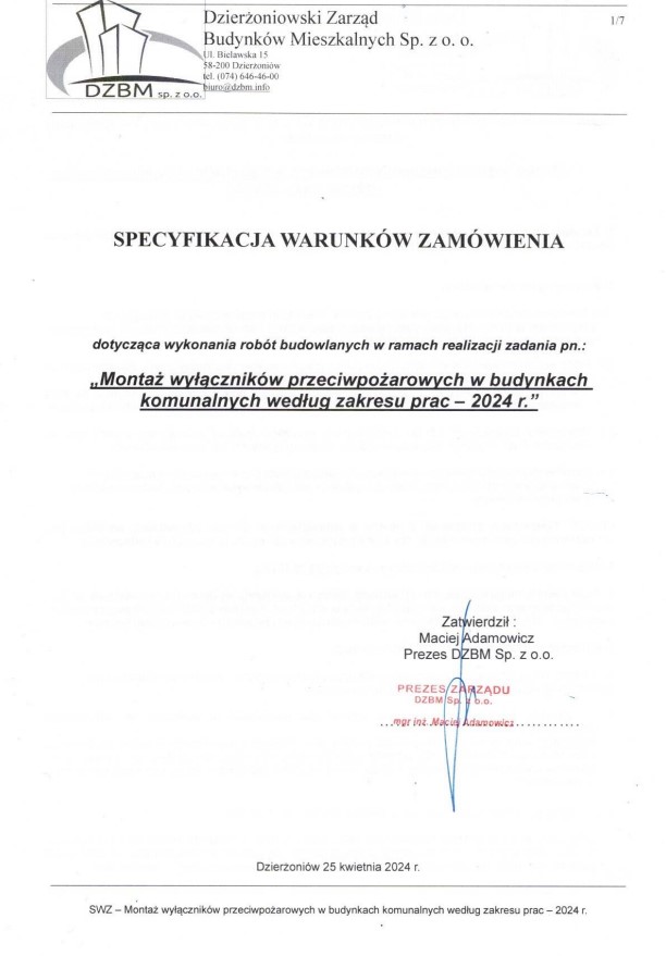 SWZ, załączniki, formularz oferty - wyłączniki przeciwpożarowe 2024 r. ponownie